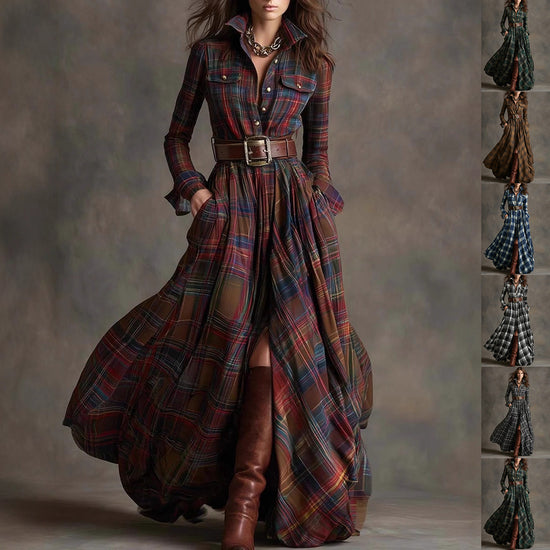 Ins Plaid Print Long-Sleeved Dress Fashion Pockets Collared Buttons Shirt Long Dresses Retro Women&